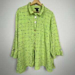 Ali Miles Lagenlook Tunic Top 2X Green Black Crinkle Button Up Shell Artsy Wire